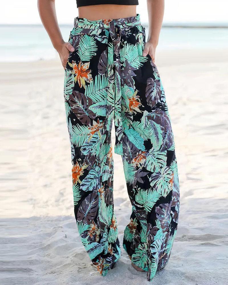 

Tropical Print Tied Detail Wide Leg Pants, Green