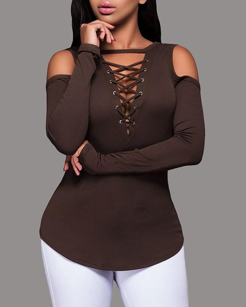 

Eyelet Lace-up Cold Shoulder Long Sleeve Women Top, Coffee