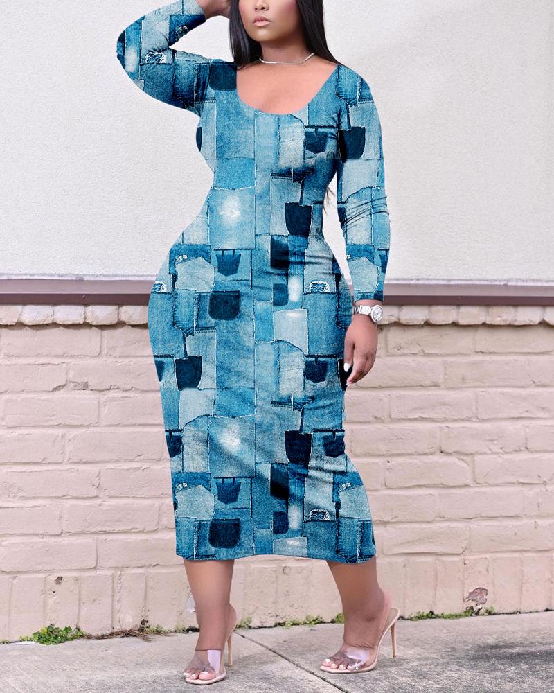 

Plus Size Denim Look Print Long Sleeve Casual Dress, Blue