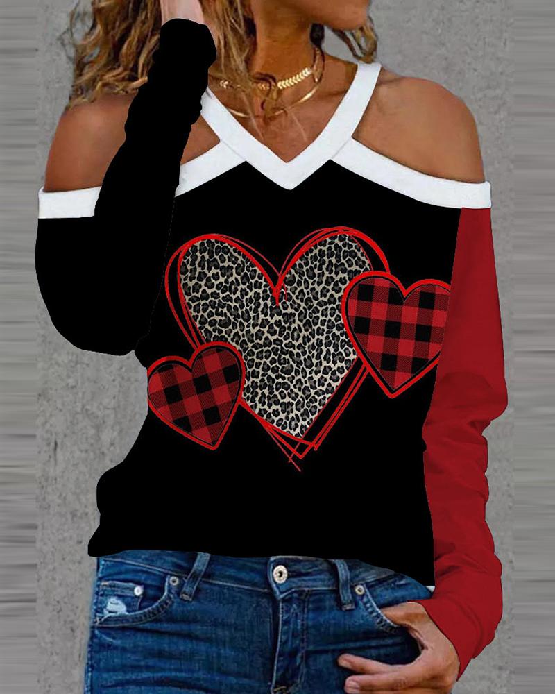 

Valentine' Day Cold Shoulder Cheetah Plaid Heart Print Top, Black