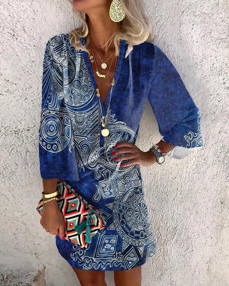 

Tribal Print V-Neck Casual Dress, Blue