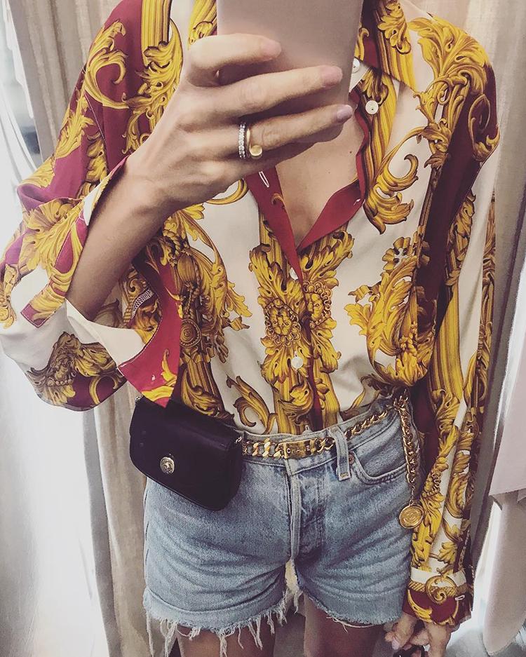 

Baroque Cheetah Print Button Up Long Sleeve Top, Yellow