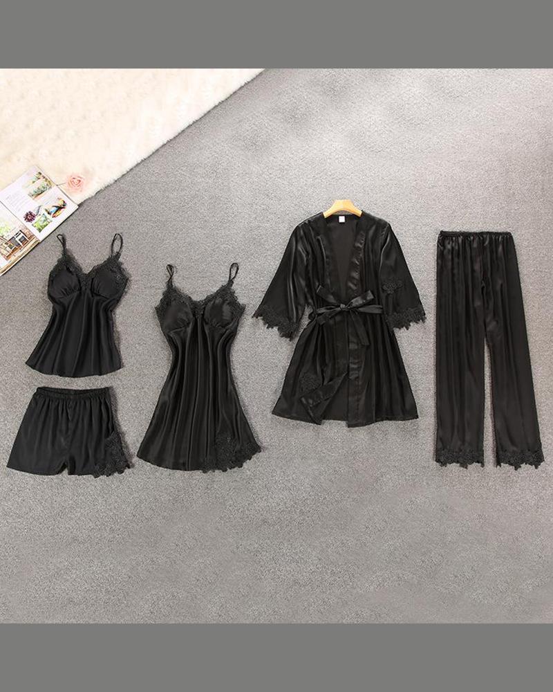 

5PCS Satin Eyelash Lace Trim Robe Set, Black