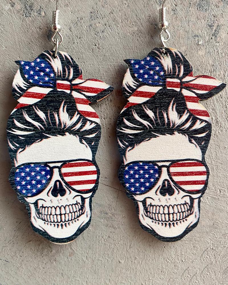 

Independence Day Wooden Skull Flag Pattern Drop Earrings, Blue