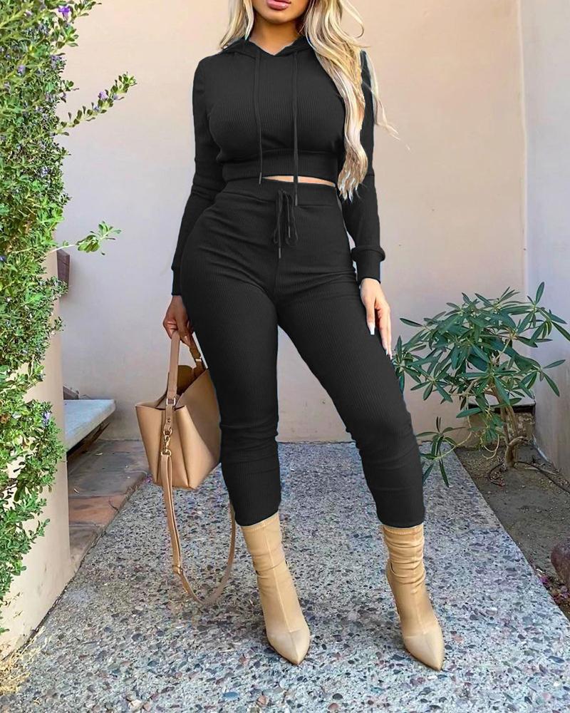 

Ribbed Long Sleeve Crop Top & Drawstring Pants Set, Black