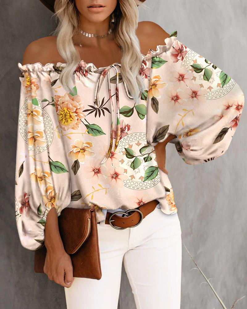 

Off Shoulder Frill Hem Floral Print Top, Apricot