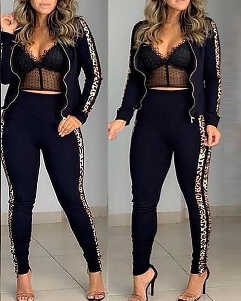 

Cheetah Print Zipper Design Top & Pants Set, Black