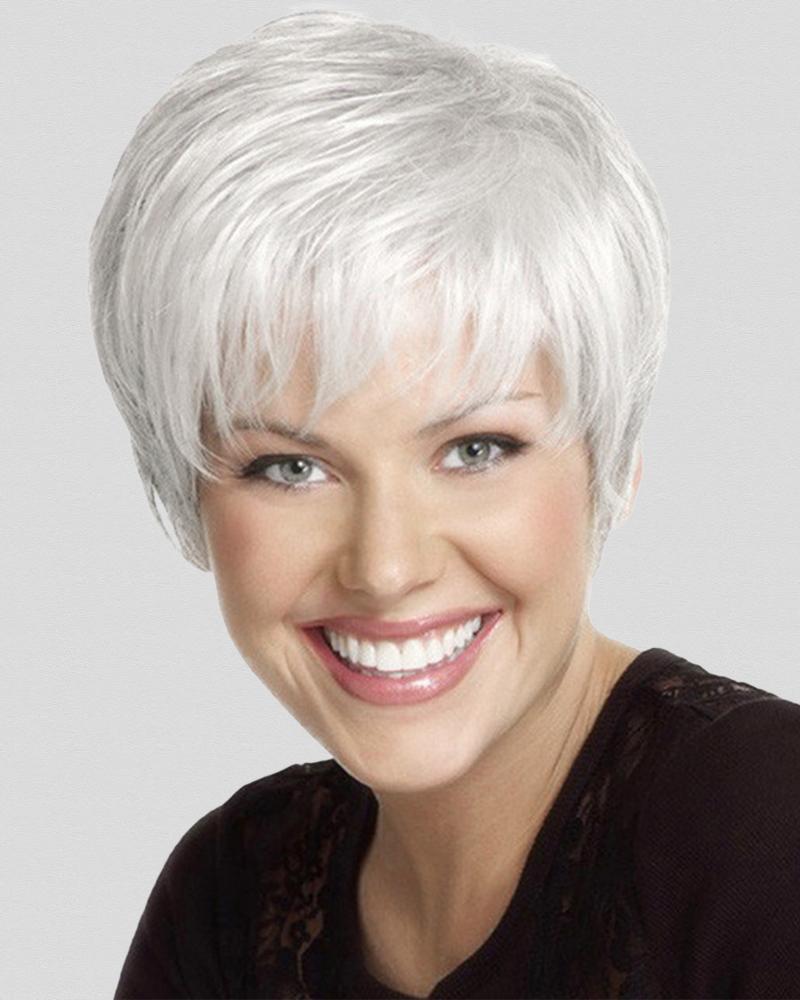 

Short Layered Pixie Cut Wig Natural Looking Synthetic Silver Wigs Older Women Mommy Old Lady Wigs, White