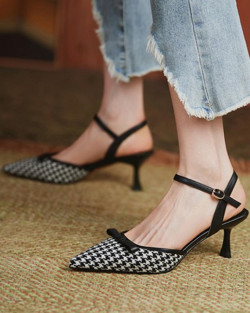 

Houndstooth Pointed-toe High Heel Sandals, Black