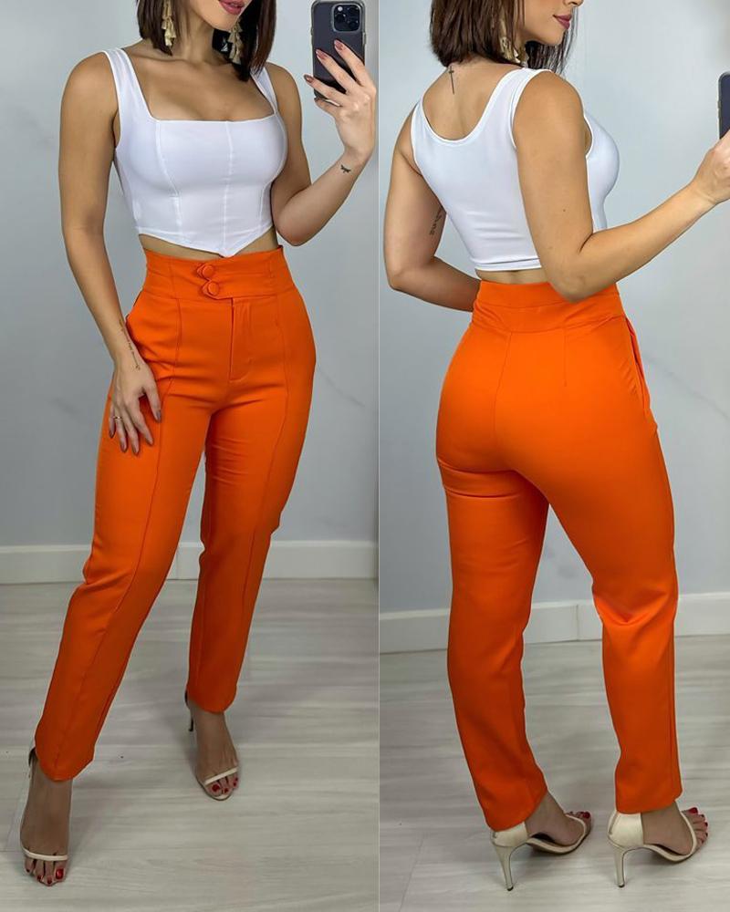 

Plain High Waist Work Pants, Orange