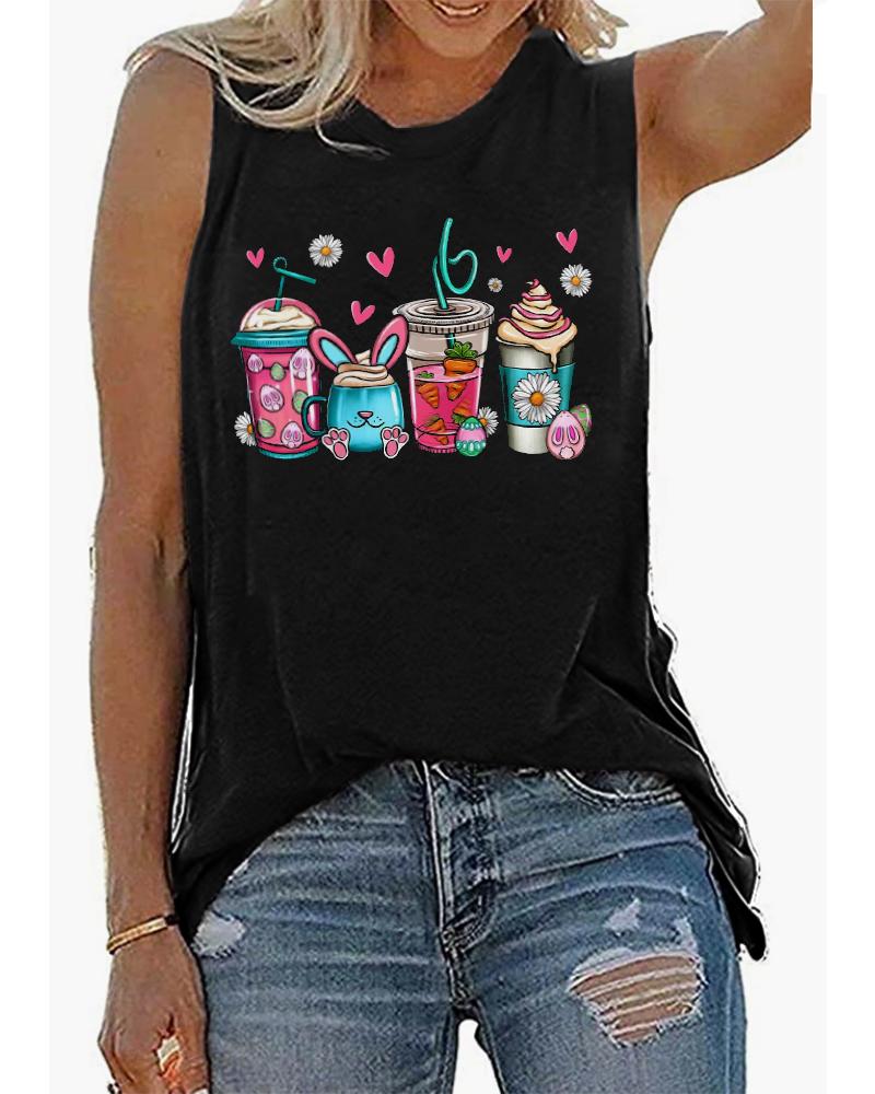 

Happy Easter Bunny Print Casual Tank Top, Black