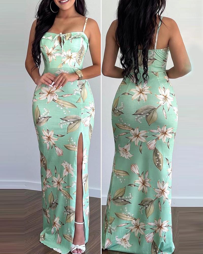 

Floral Print Tie Front High Slit Maxi Cami Women Dress, Green
