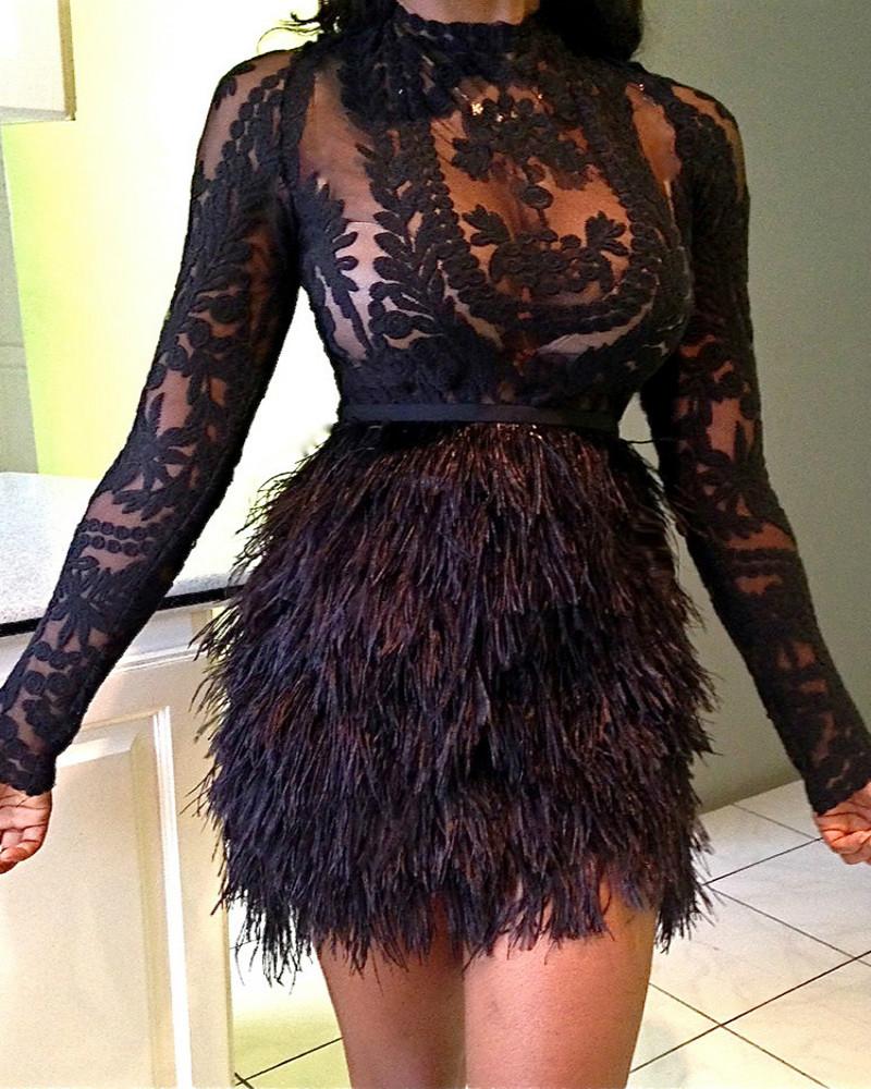

See Through Lace Top With Faux Fur Skirt Set, Black