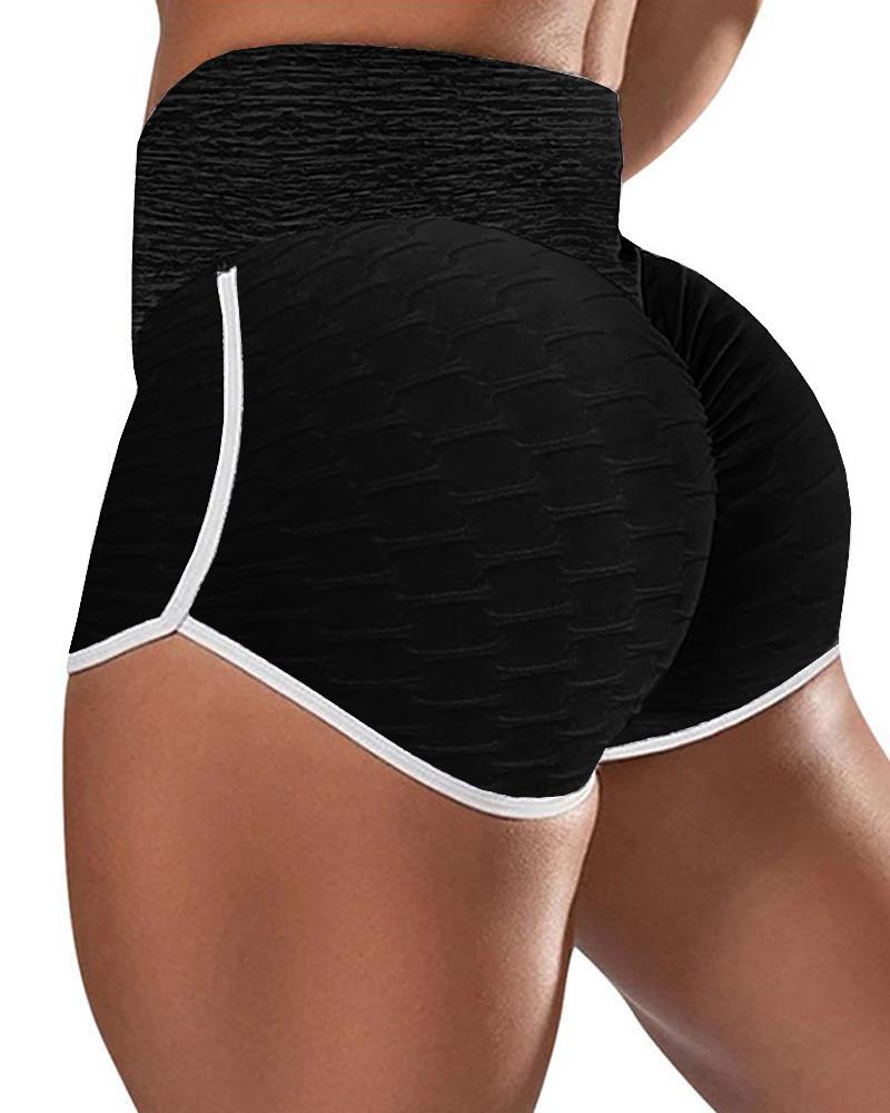 

Bubble Texture High Waist Contrast Binding Butt Lifting Yoga Shorts, Black