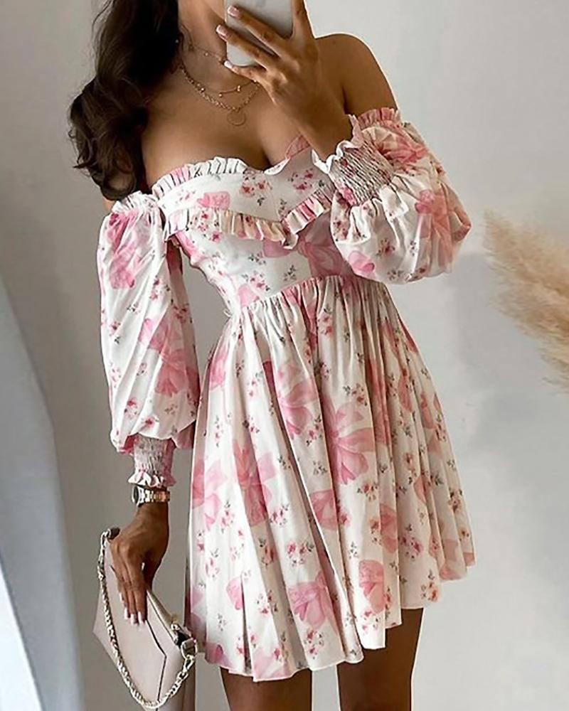 

Floral Print Off Shoulder Lantern Sleeve Frill Hem Dress, White