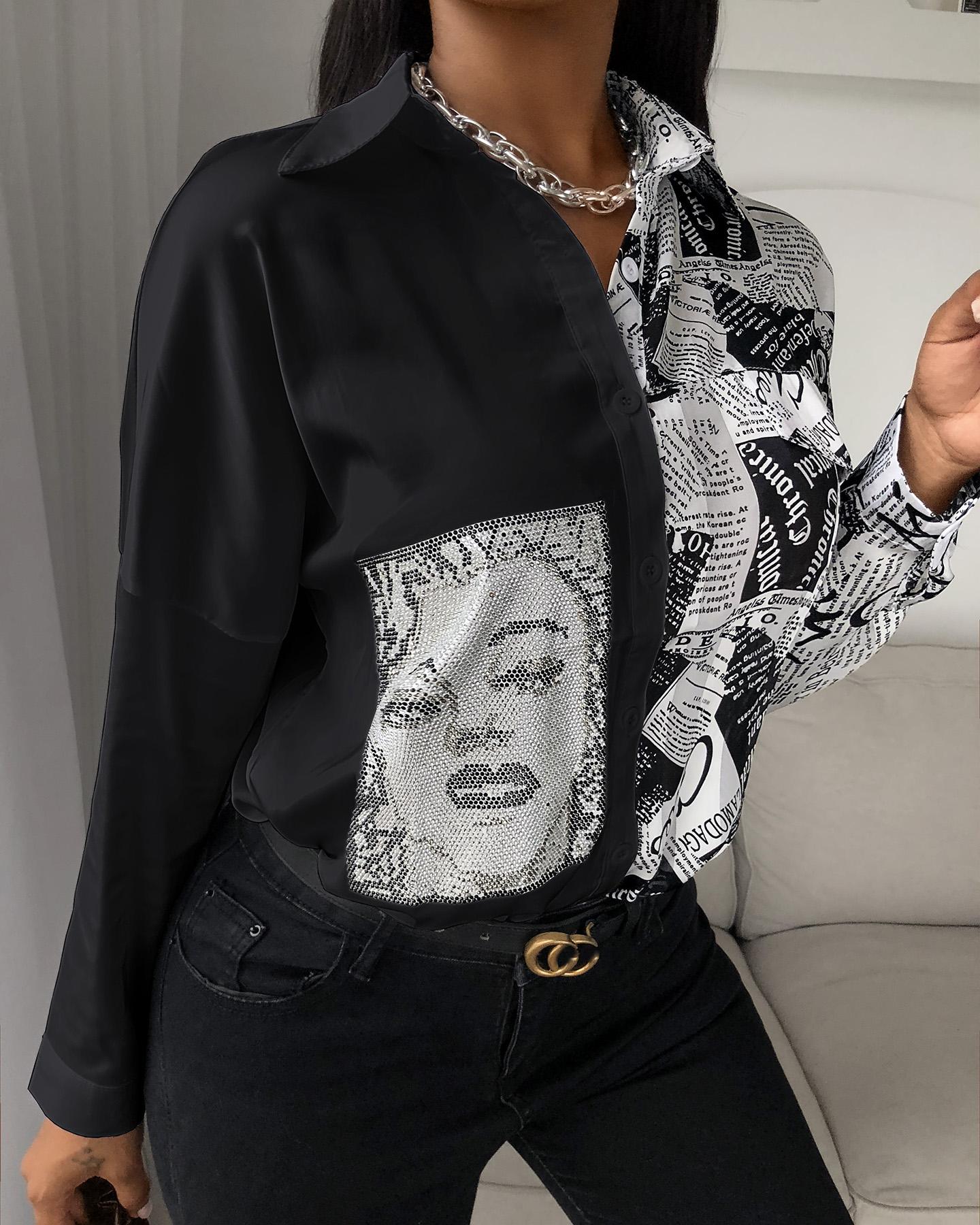 

Newspaper Figure Print Buttoned Shirt, Black