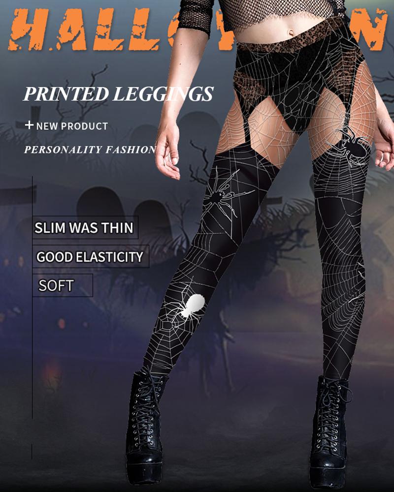 

Halloween Spider Web Print High Waist Leggings, Black