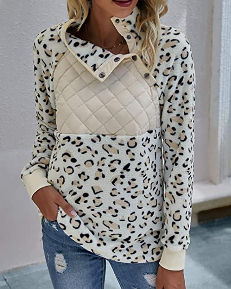 

Leopard Print Quilted Button Design Long Sleeve Top, White