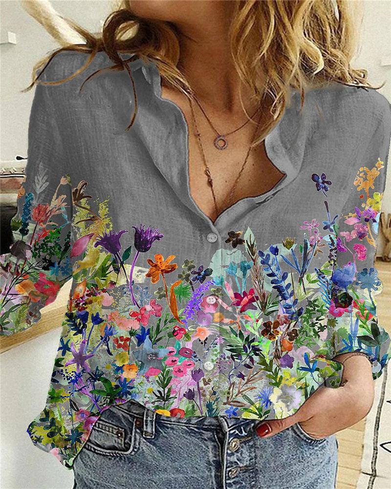 

Floral Print Long Sleeve Buttoned Shirt, Gray