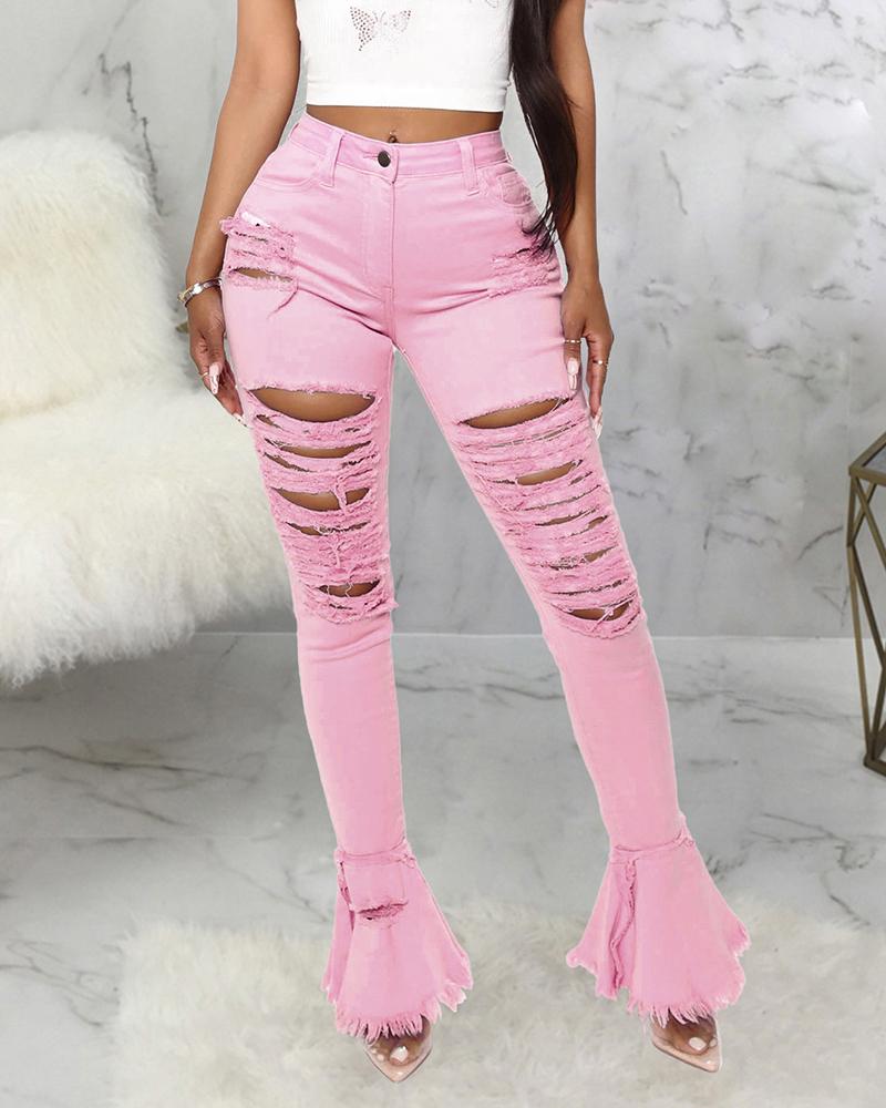 

Ripped Fringe Hem Ladder Cutout Bootcut Jeans, Pink