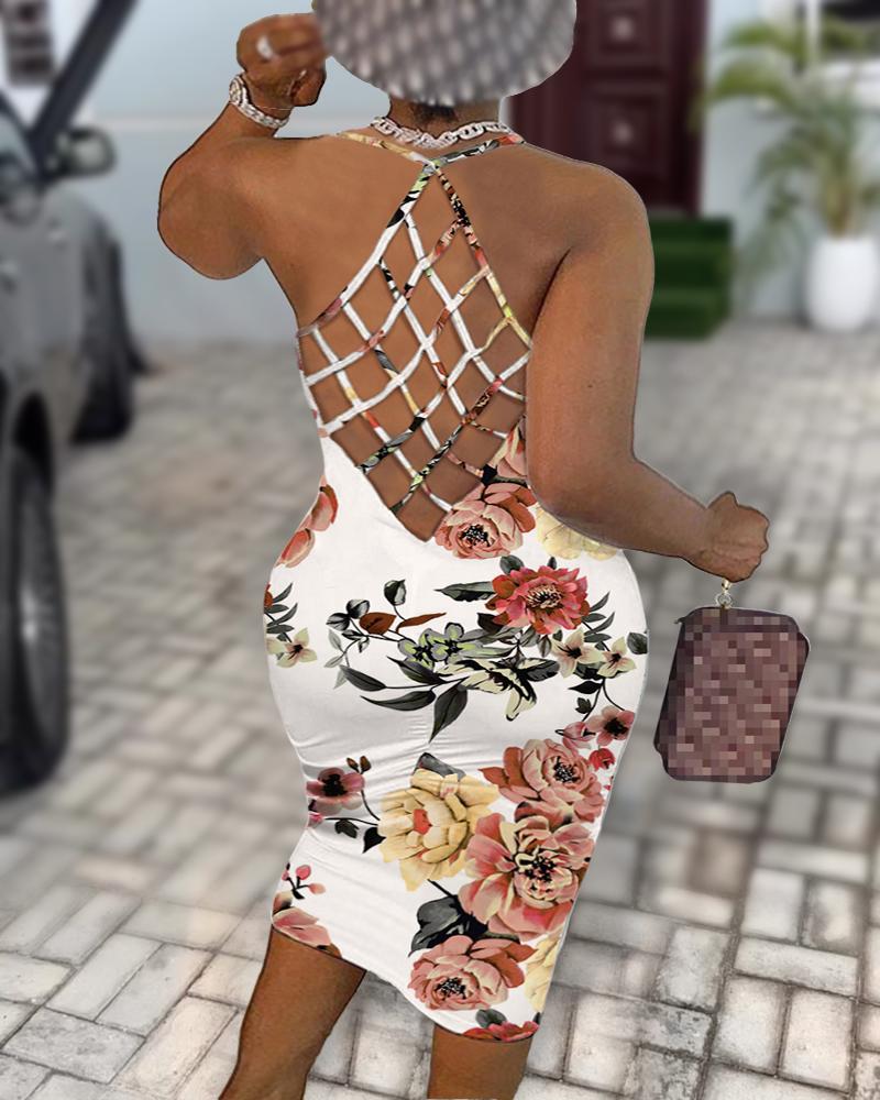 

Plus Size Floral Print Hollow Out Backless Midi Dress, White