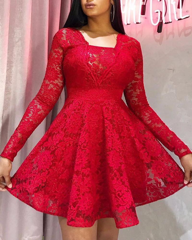 

Open Back Lace Hollow Out Dress, Red