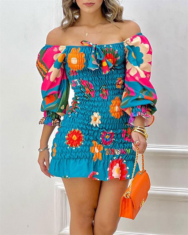 

Off Shoulder Ruffle Hem Shirred Floral Print Dress, Blue