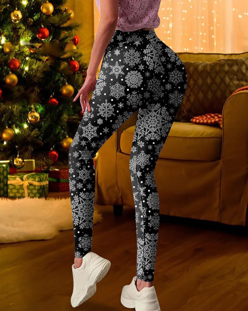 

Christmas Snowflake / Letter / Hat / Snowman Print High Waist Leggings, Black