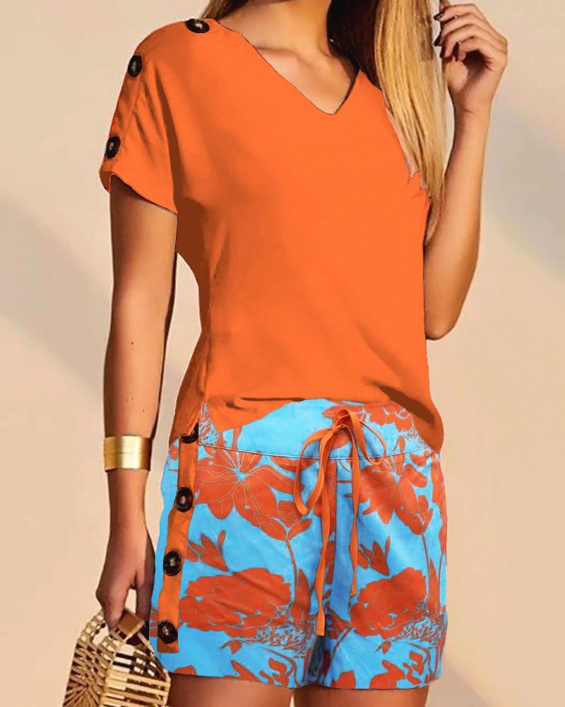 

Buttoned T-shirt & Plants Print Drawstring Shorts Set, Orange