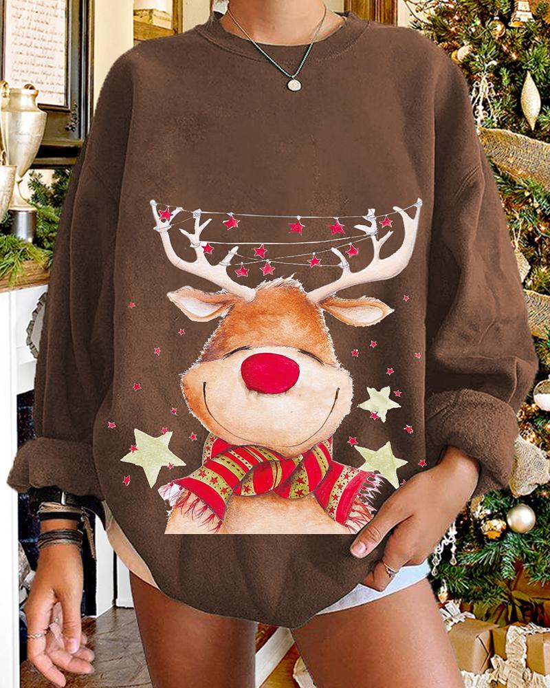

Christmas Long Sleeve Elk Star Print Sweatshirt, Coffee