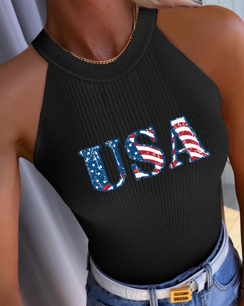 

Independence Day USA Flag Print O-Neck Tank Top, Black