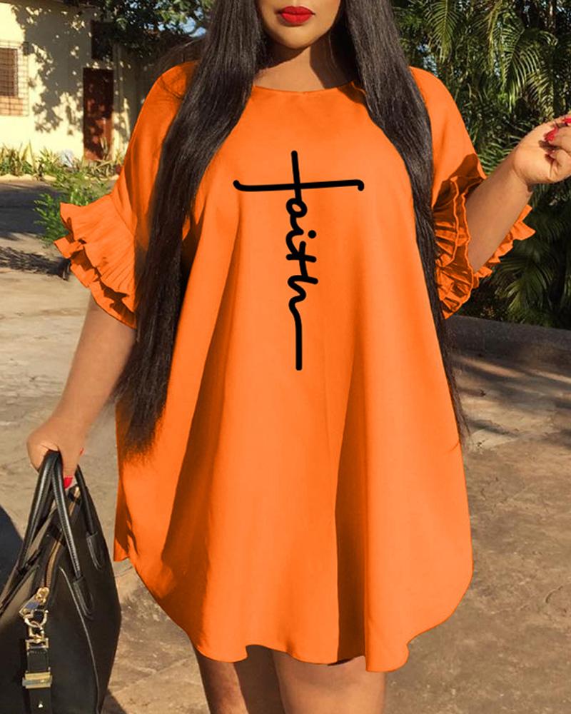 

Plus Size Letter Print Bell Sleeve Curved Hem Casual Dress, Orange