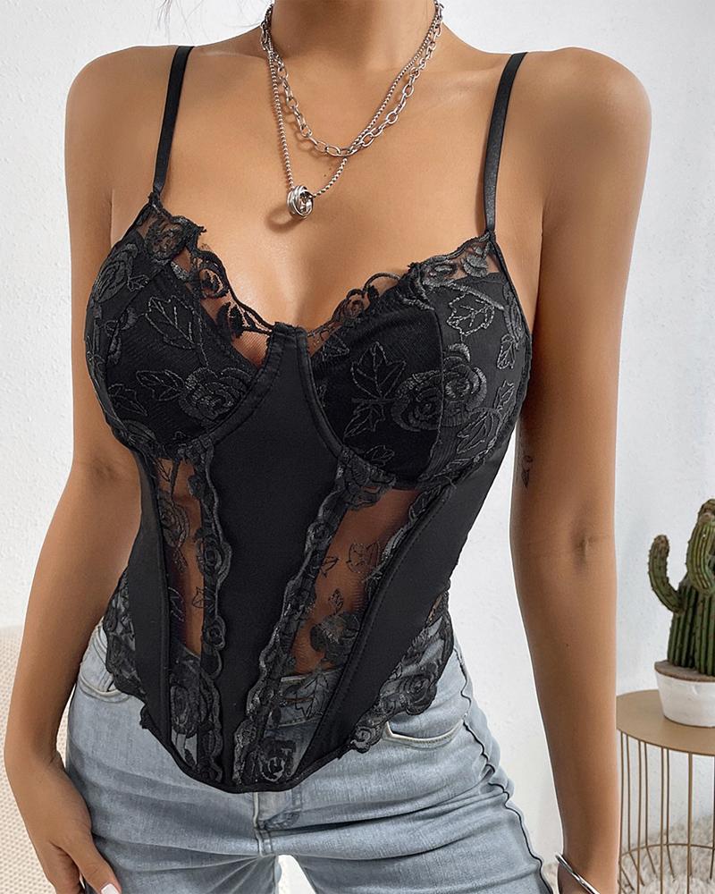 

Embroidery Floral Lace Corset Cami Top, Black