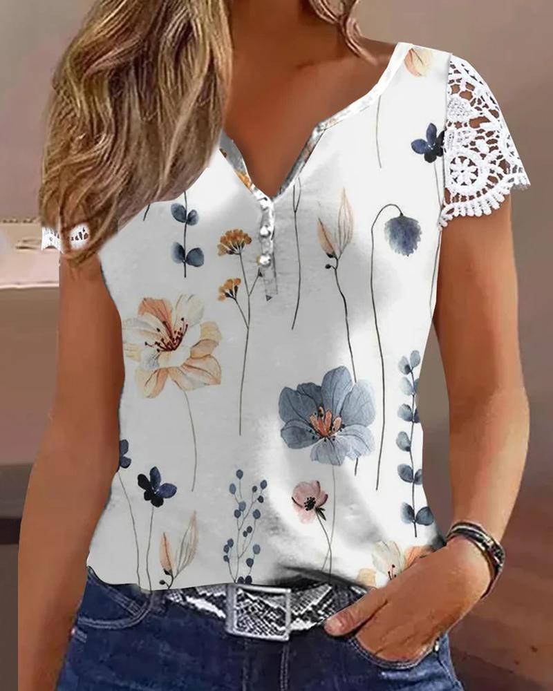 

Floral Print Notch Neck Lace Patch Top, White