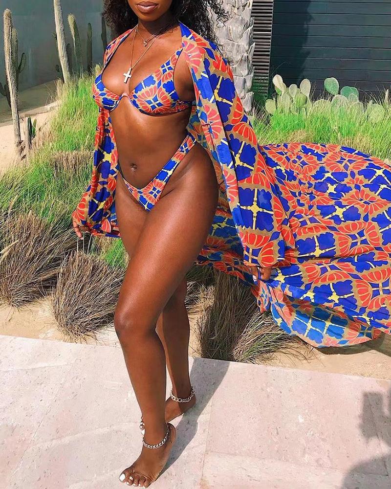 

Floral Pattern Print Bikini Set With Longline Cover Up, Blue