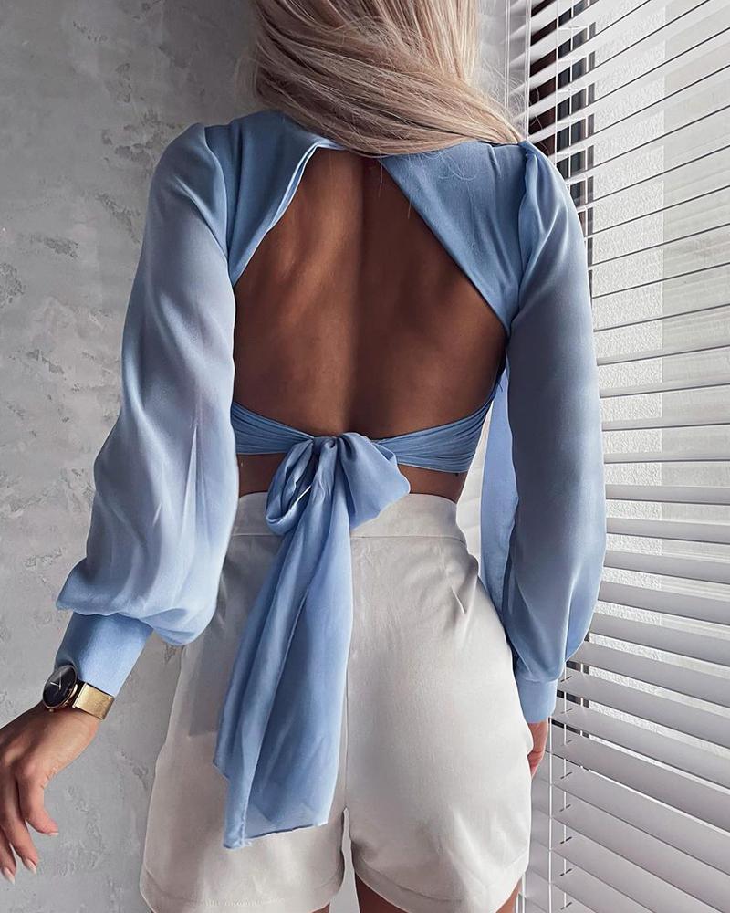

Lantern Sleeve Tied Detail Backless Crop Top, Blue