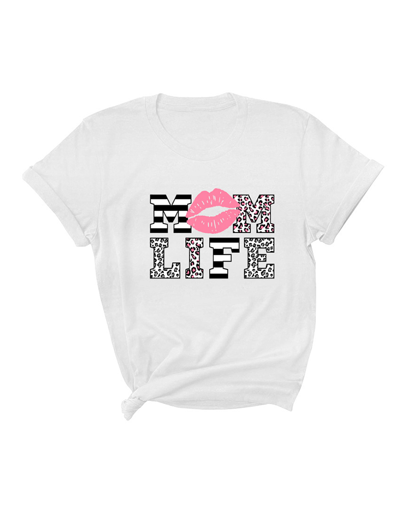 

Mother' Day Lip Letter Cheetah Print Short Sleeve T-Shirt, White