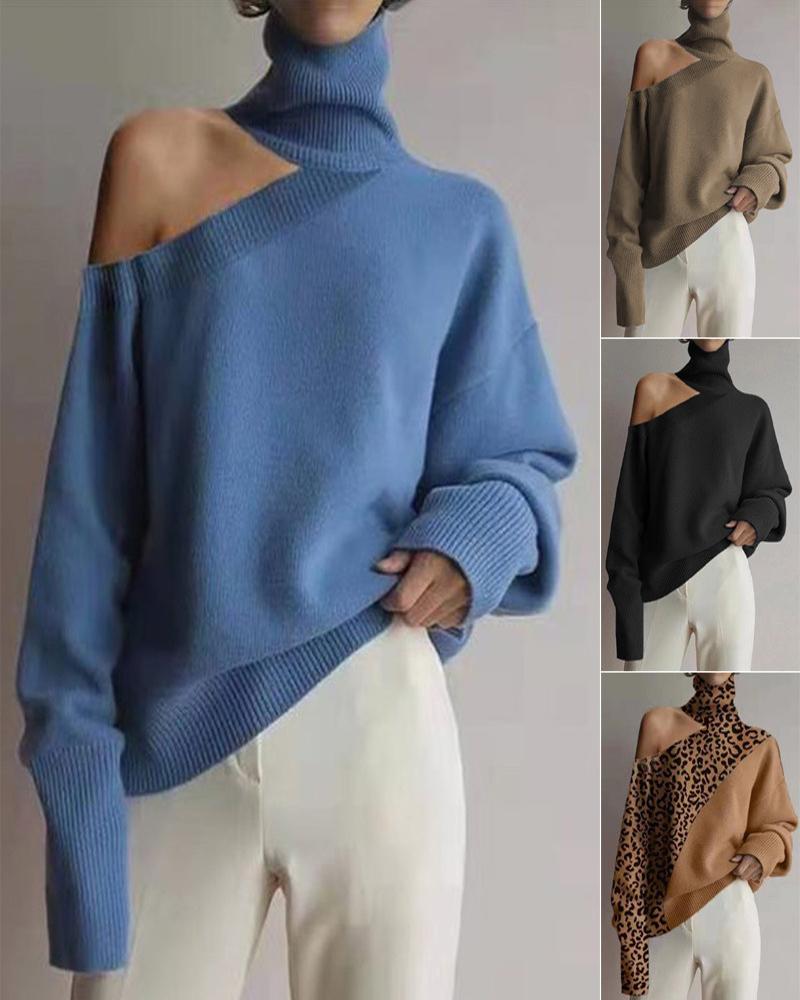 

Cold Shoulder High Neck Long Sleeve Sweater, Blue