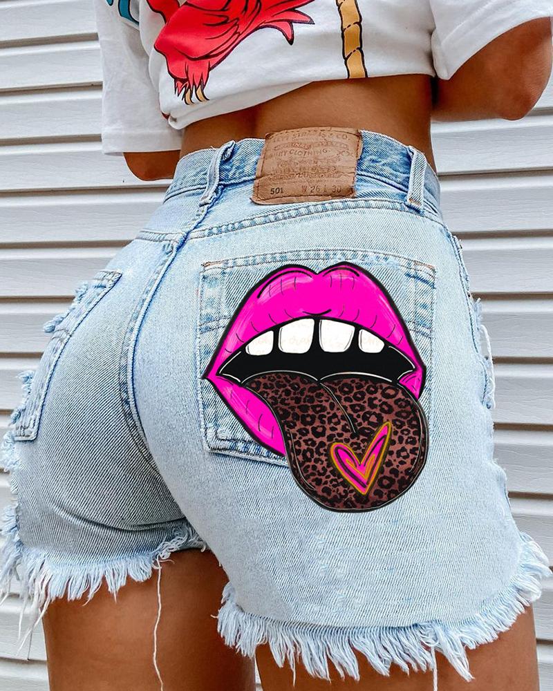

Solid Color Splicing Leopard Lip Print Denim Short Pants, Blue