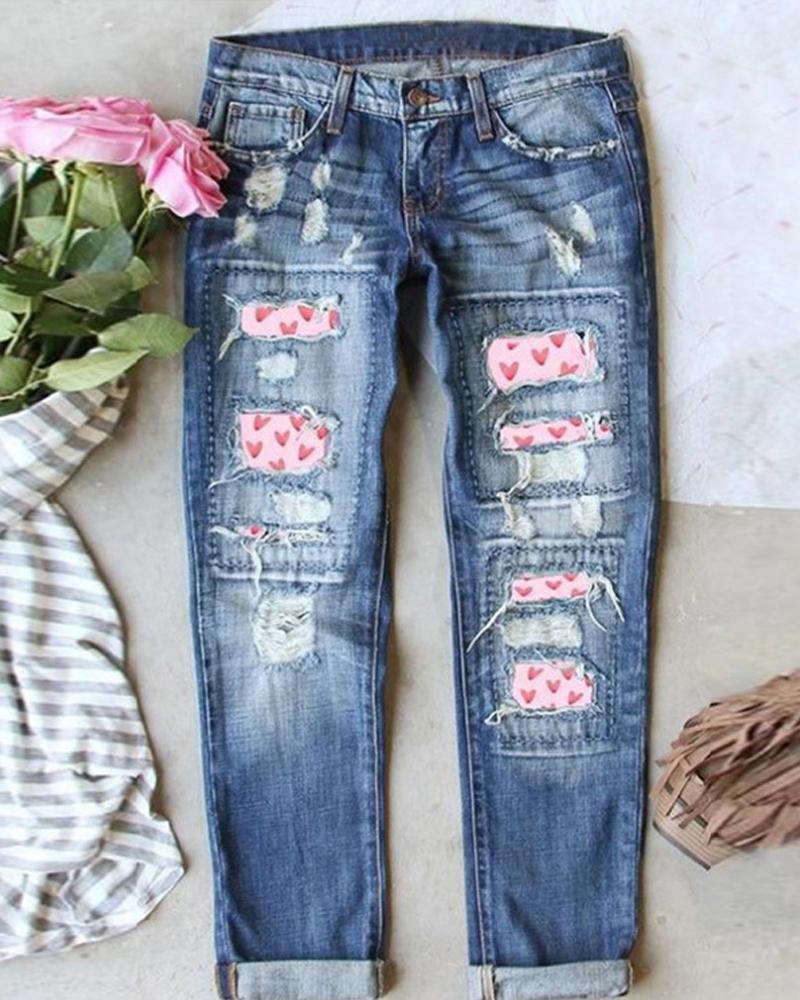 

Heart Print Patchwork Ripped Jeans, Blue