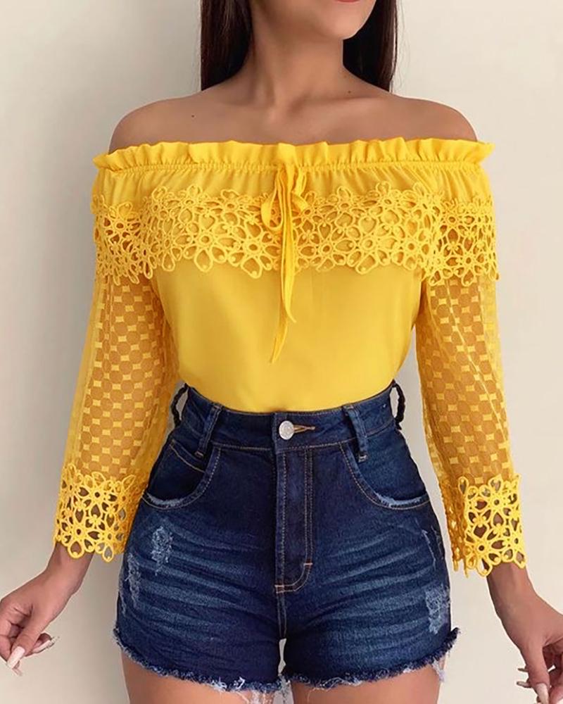 

Off Shoulder Crochet Lace Casual Blouse, Yellow