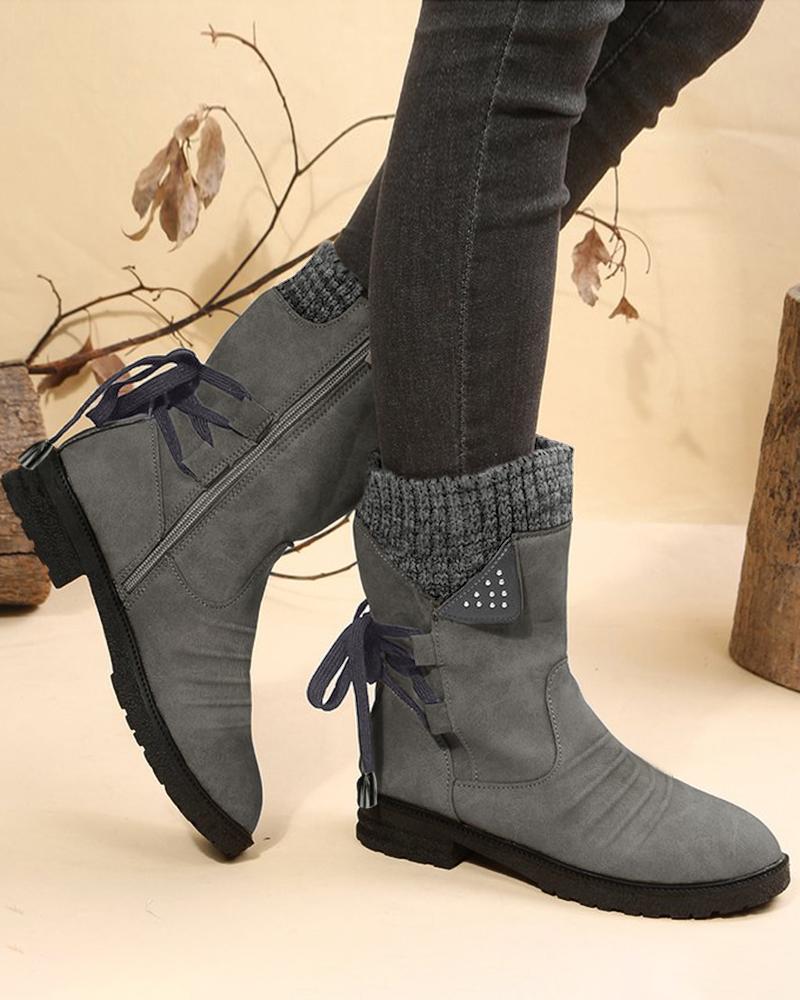 

Side Zipper Lace-up Chunky Heel Ankle Boots, Gray