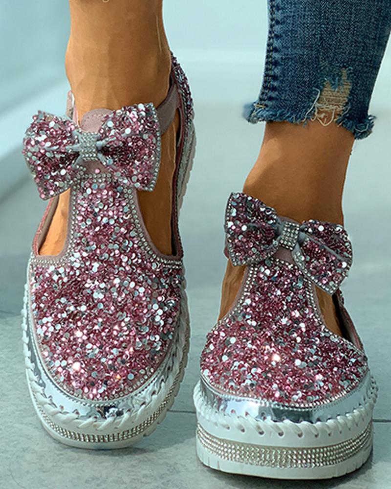 

Studded Bowknot Cutout Casual Shoes, Pink