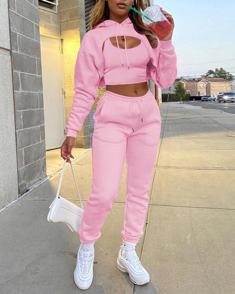 

3PCS Tank Top & Crop Hoodie & Drawstring Sweatpants Set, Pink