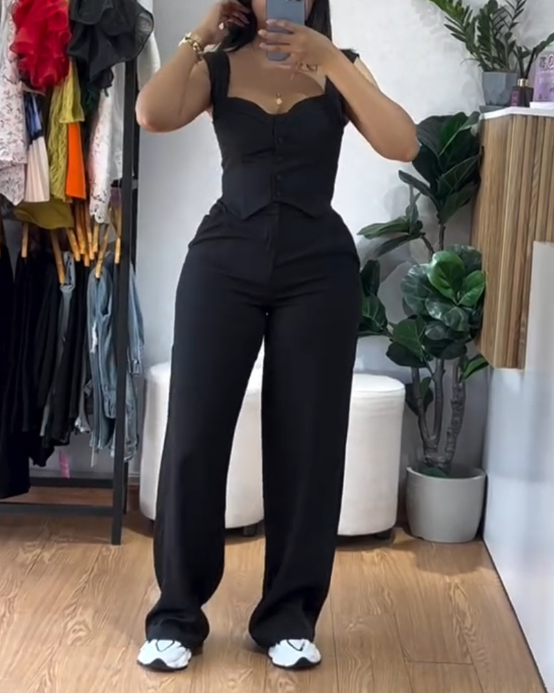 

2 Piece Thick Strap Button Front Slim Fit Tank Top High Waist Wide Leg Pants Casual Outfit Set, Black