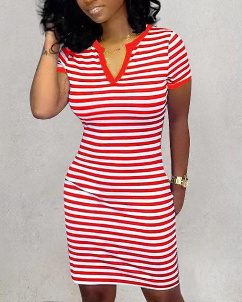 

Striped Print Short Sleeve Casual Dress, Red