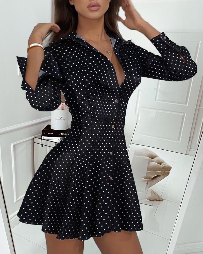 

Dot Print Pleated Skater Dress, Black