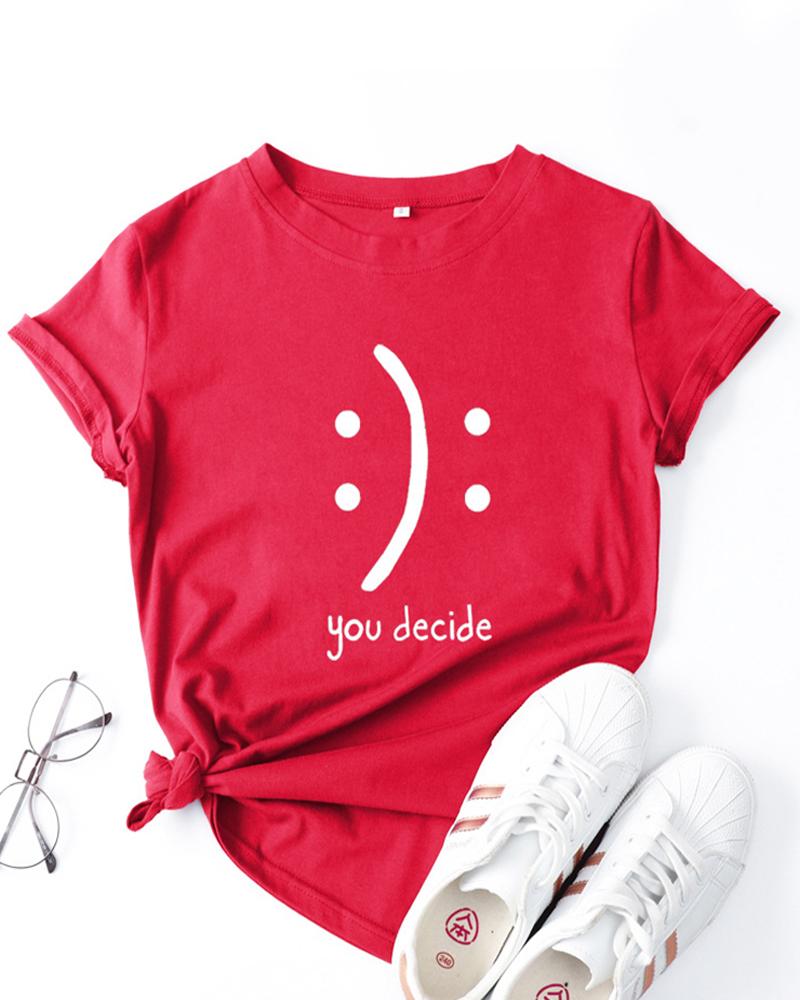 

Letter Smile Face Print Round Neck Short Sleeve T-Shirt, Red