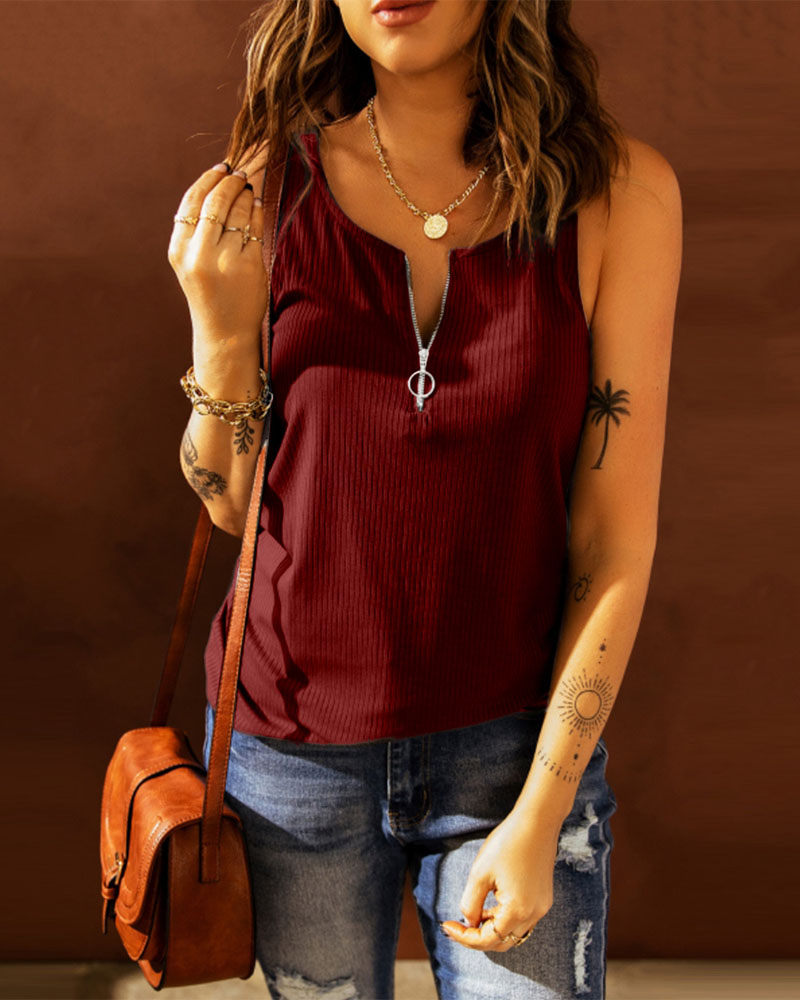

Zipper Front Casual Ribbed Tank Top, Wine red