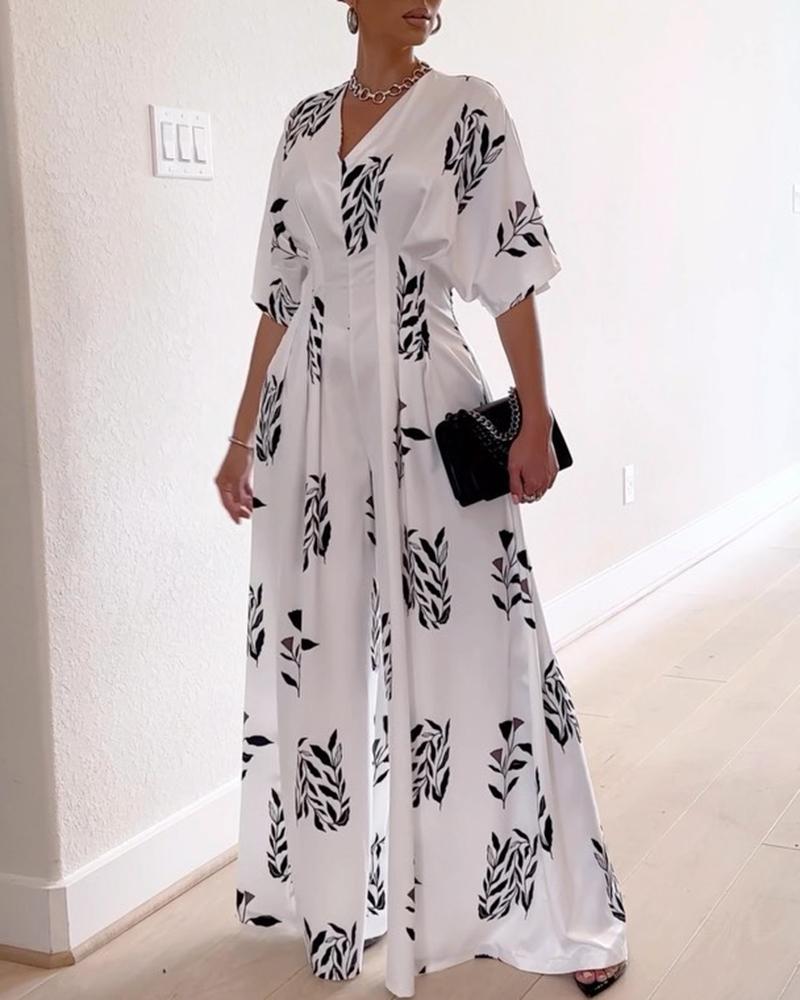 

Plants Print Short Sleeve Wide Leg Jumpsuit, White